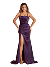 Elegant Mermaid Spaghetti Straps Side Slit Soft Satin Pretty Long Bridesmaid Dresses