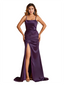 Elegant Mermaid Spaghetti Straps Side Slit Soft Satin Pretty Long Bridesmaid Dresses