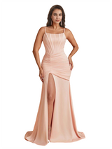Elegant Spaghetti Straps Mermaid Pleated Silky Satin Unique Long Bridesmaid Dresses Slit