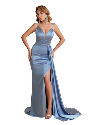 Unique Soft Satin Spaghetti Straps Mermaid Side Slit Long Bridesmaid Dresses Online