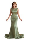 Elegant Silky Satin Bateau Simple Mermaid Pretty Long Bridesmaid Dresses