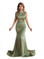 Elegant Silky Satin Bateau Simple Mermaid Pretty Long Bridesmaid Dresses