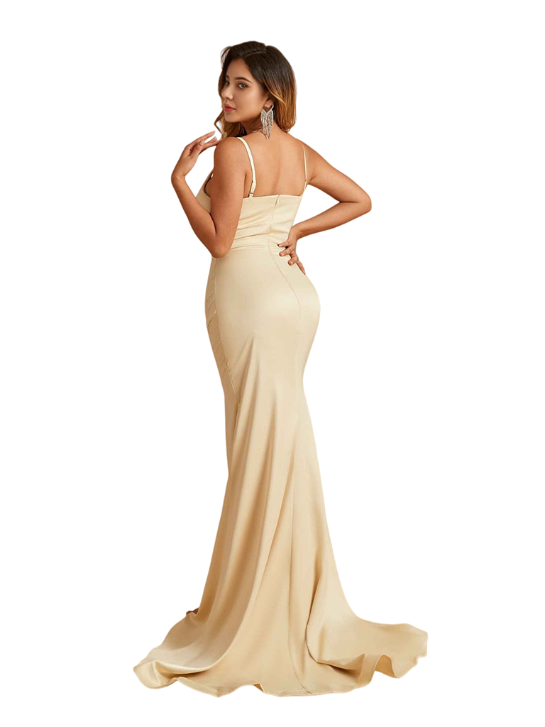 Women's Ruched Mermaid Satin Long Wedding Bridesmaid Dresses Slit