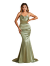 Sexy Cowl Neck Spaghetti Straps Mermaid Soft Satin Open Back Long Bridesmaid Dresses