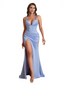 Sexy Spaghetti Straps Mermaid Soft Satin Unique Long Bridesmaid Dresses Side Slit