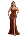 Elegant One Shoulder Silky Satin Mermaid Long Bridesmaid Dresses Side Slit