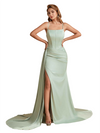 Elegant Spaghetti Straps Boning Soft Satin Mermaid Side Slit Long Bridesmaid Dresses