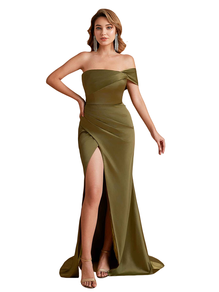 Sexy Silky Satin One Shoulder Mermaid Side Slit Ruched Long Bridesmaid Dresses