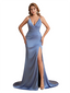 Sexy Silky Satin Deep V-Neck Spaghetti Straps Mermaid Side Slit Ruched Long Bridesmaid Dresses