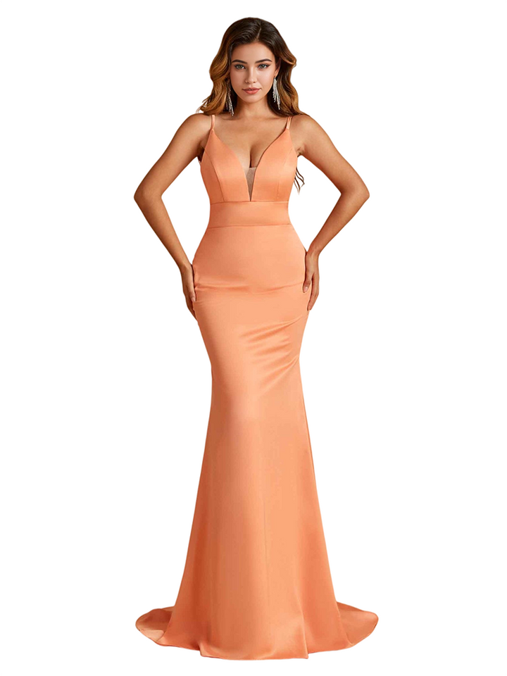 Simple V-Neck Spaghetti Straps Open Back Mermaid Soft Satin Long Bridesmaid Dresses