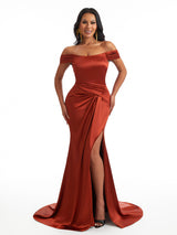 Sexy Off The Shoulder Side Slit Soft Satin Mermaid Lace Up Back Long Bridesmaid Dresses