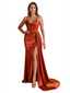 Sexy Siliy Satin Boning Mermaid Side Split Long Bridesmaid Dresses Spaghetti Straps