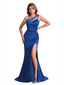 Sexy One Shoulder Silky Satin Mermaid Pleated Side Slit Long Bridesmaid Dresses Online