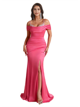 Elegant Cold Shoulder Mermaid Ruched Satin Long Bridesmaid Dresses Online Side Split