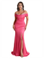 Elegant Cold Shoulder Mermaid Ruched Satin Long Bridesmaid Dresses Online Side Split
