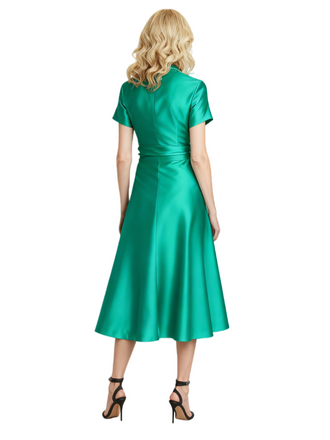 Elegant V-Neck Satin A-Line Short Sleeves Midi-Length Mother Of The Bride Dresses