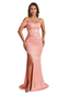 Sexy One Shoulder Side Split Mermaid Satin Chic Long Bridesmaid Dresses Online