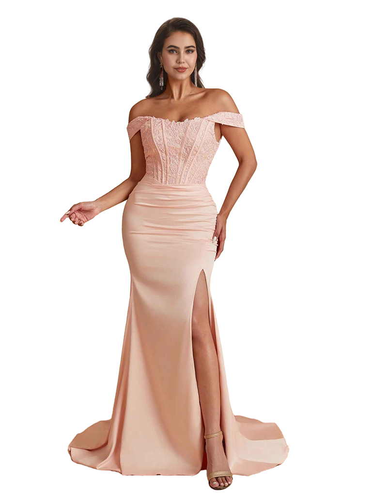 Sexy Off The Shoulder Satin Lace Top Trendy Mermaid Bridesmaid Dresses Online