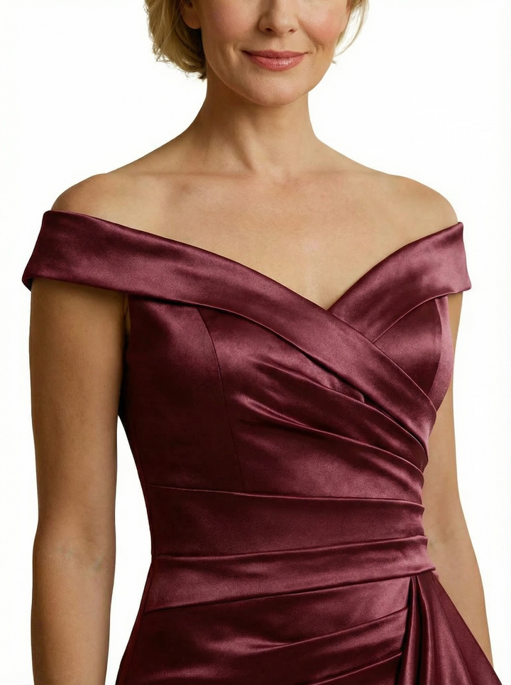 Chicsew Chic V-Neck Off Shoulder Sleeveless Satin Mother of The Groom Dress With Ruffles Side Slit