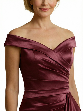 Chicsew Chic V-Neck Off Shoulder Sleeveless Satin Mother of The Groom Dress With Ruffles Side Slit