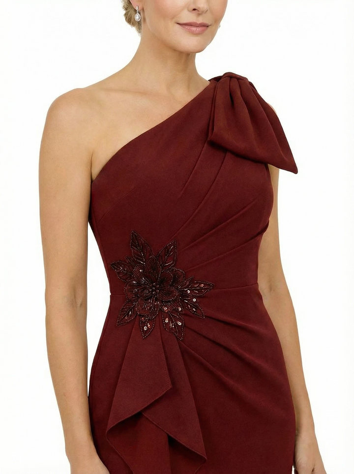 Chicsew Mother of Groom Gown One Shoulder Ruffled Jersey Trumpet Maxi Dress with Bow