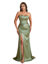 Sexy Strapless Mermaid Ruched Satin Long Bridesmaid Dresses Online Side Split
