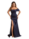 Sexy One Shoulder Mermaid Soft Satin Side Slit Beauty Long Bridesmaid Dresses