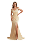 Sexy Soft Satin Cold Shoulder Mermaid Side Slit Unique Long Bridesmaid Dresses