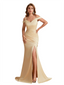 Sexy Soft Satin Cold Shoulder Mermaid Side Slit Unique Long Bridesmaid Dresses