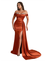 Sexy Off The Shoulder Beaded Mermaid Silky Satin  Long Bridesmaid Dresses Side Slit
