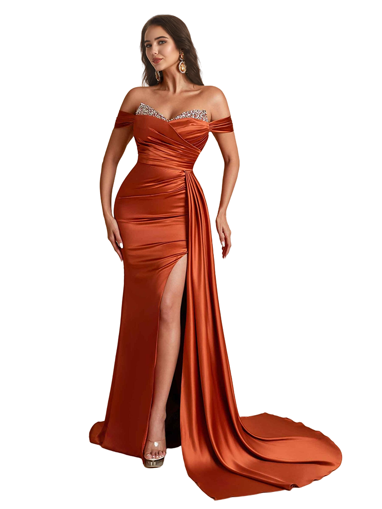 Sexy Off The Shoulder Beaded Mermaid Silky Satin  Long Bridesmaid Dresses Side Slit