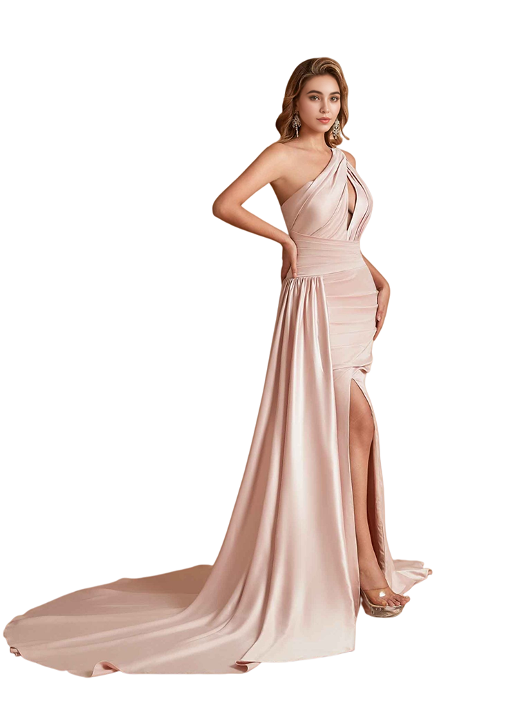 Sexy One Shoulder Soft Satin Mermaid Side Slit Pretty Long Bridesmaid Dresses Online