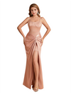 Sexy Silky Satin Spaghetti Straps Mermaid Side Slit Unique Floor Length Bridesmaid Dresses
