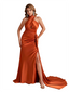 Sexy Halter Mermaid Side Slit Silky Satin Unique Long Bridesmaid Dresses