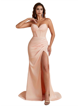 Elegant Silky Satin Sweetheart Strapless Mermaid Floor Length Bridesmaid Dresses Side Split
