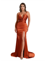 Sexy Mermaid Silky Satin Long Bridesmaid Dresses Spaghetti Straps Side Split