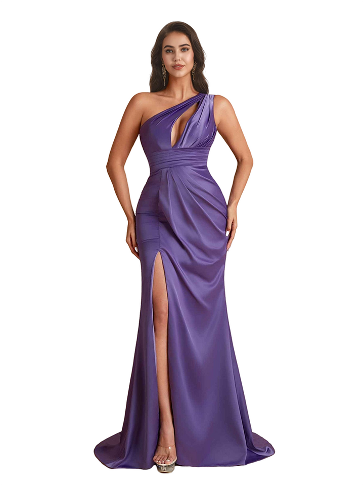 Sexy One Shoulder Mermaid Ruched Satin Unique Long Bridesmaid Dresses Side Split