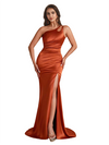 Modern One Shoulder Mermaid Ruched Satin Pretty Long Bridesmaid Dresses Side Split