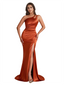 Modern One Shoulder Mermaid Ruched Satin Pretty Long Bridesmaid Dresses Side Split