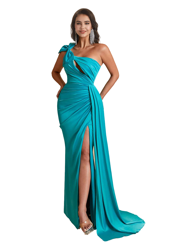 Sexy One Shoulder Bow Knot Side Split Mermaid Silky Satin Long Bridesmaid Dresses