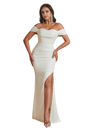Unique Elegant Off The Shoulder Mermaid Silky Satin Long Bridesmaid Dresses Side Split