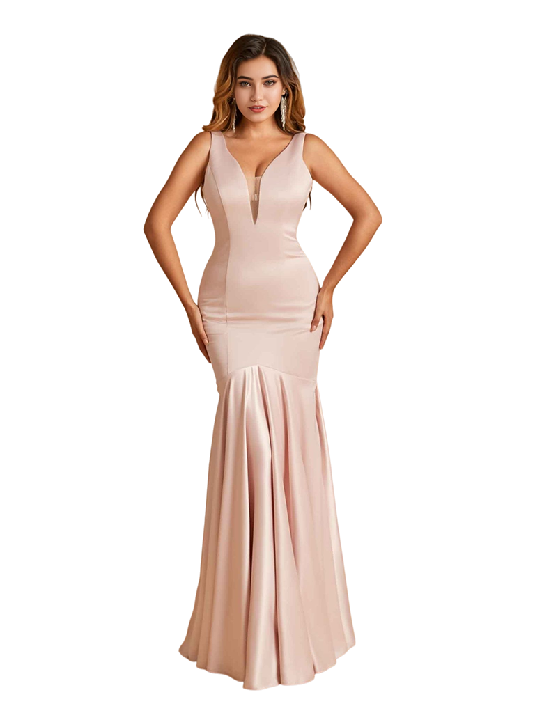 Sexy Deep V-Neck Mermaid Soft Satin Open Back Long Bridesmaid Dresses