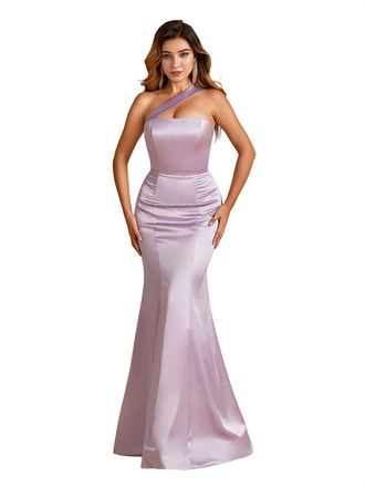 Sexy One Shoulder Simple Mermaid Soft Satin Long Bridesmaid Dresses Online