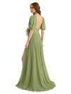 Casual Chiffon V-neck Half Sleeves A-Line Long Mother of The Bride Dresses Side Slit