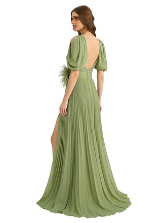 Casual Chiffon V-neck Half Sleeves A-Line Long Mother of The Bride Dresses Side Slit