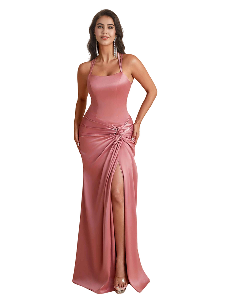 Elegant Mermaid Spaghetti Straps Silky Satin Long Bridesmaid Dresses Online Side Split