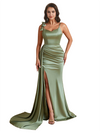 Elegant Mermaid Unique Satin Side Slit Long Bridesmaid Dresses Spaghetti Strap