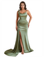 Elegant Mermaid Unique Satin Side Slit Long Bridesmaid Dresses Spaghetti Strap