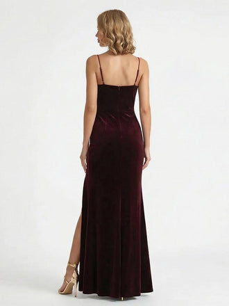 Elegant Spaghetti Straps Side Slit Mermaid Velvet Floor-Length Formal Dresses