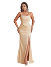 Elegant Mermaid Silky Satin Long Bridesmaid Dresses Online Spaghetti Straps Side Split